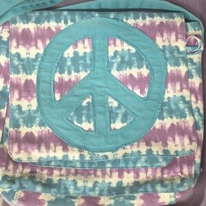 Colorful Tie-Dye Peace Sign Shoulder Bag Purple and Blue Satchel